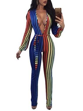 Fashion Nova Striped Plunge Jumpsuit in Blue, Red & Yellow